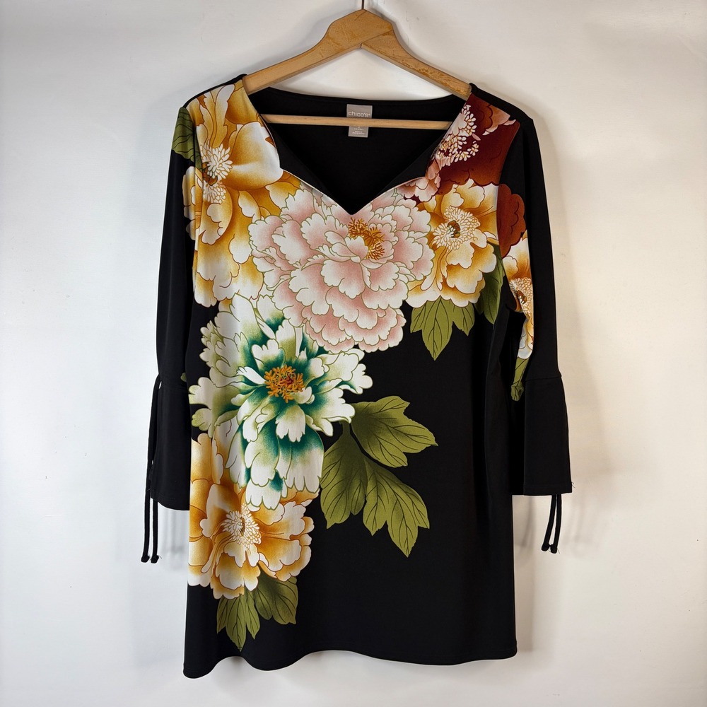 Chico's Tunic Top Women 2 L Black Floral Split Bell Sleeve V-Neck Stretch